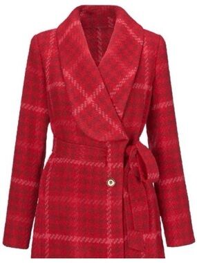 CAbi Evita Red Plaid Wrap Trench Coat with Shawl Collar